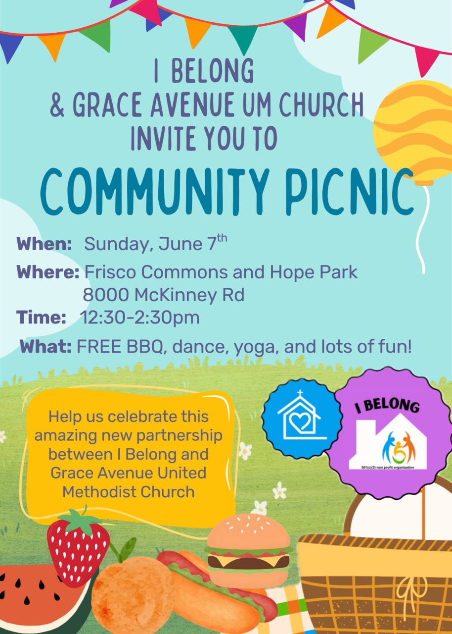 Community Picnic flyer — I Belong & Grace Avenue UM Church, Sunday June 7, Frisco Commons, 12:30–2:30 PM